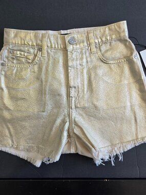 7 For All Mankind High Rise Cut Off Metallic Gold Denim Shorts Size 25